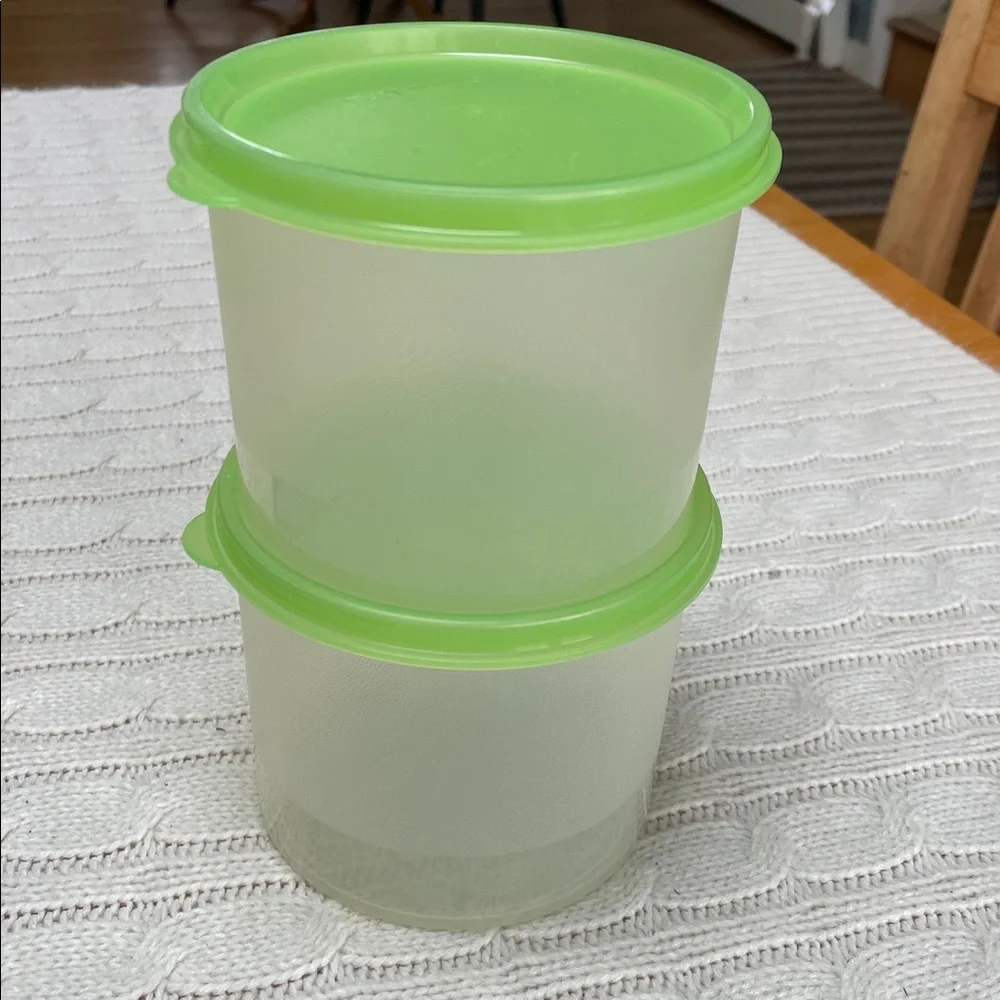 Tupperware storage with light Green Lids. Lot of 2. Round circular
